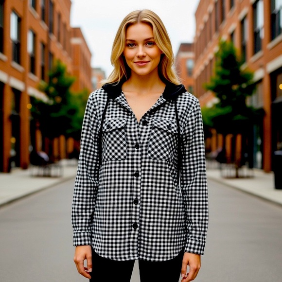 Eddie Bauer Women's Black White Plaid Hooded Button Down Jacket Cotton XS NWOT - Picture 1 of 15